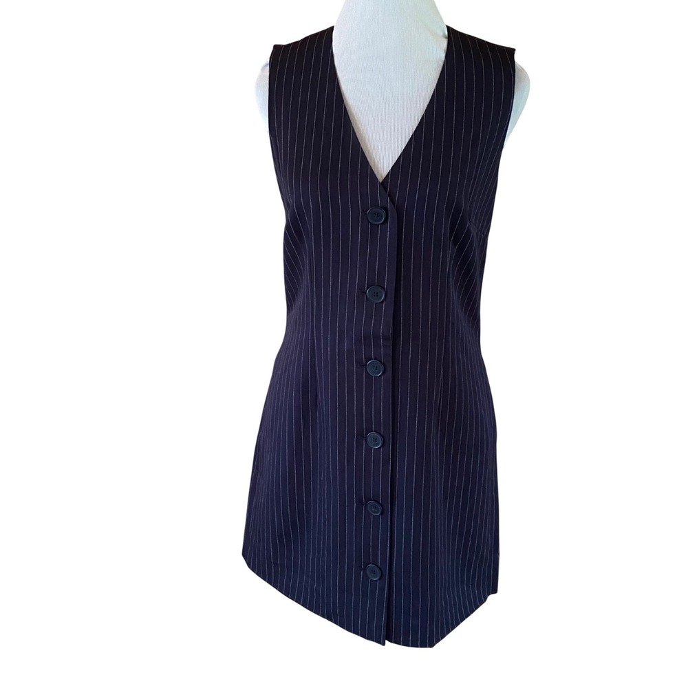 Steve Madden NEW Navy Pinstripe Button Front Vest Mini Dress Women's Small